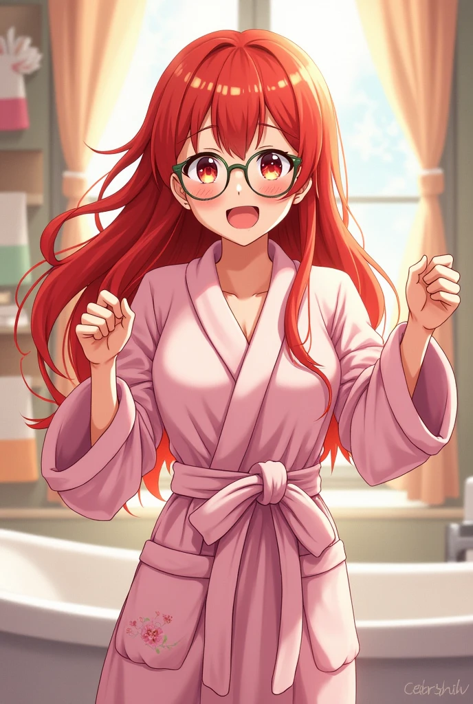 Redhead girl showing how to tie a bathrobe anime style