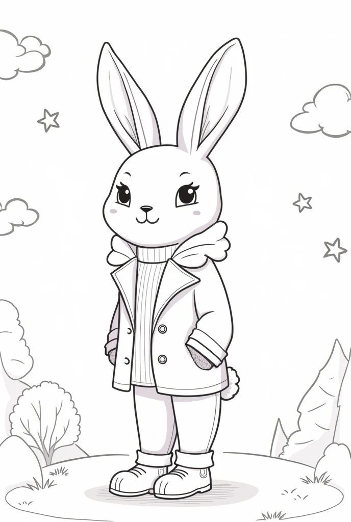 Create an illustration for a children&#39;s coloring book, which can be used in the Zara store. Turn on the cute little animal, For example, a bunny or a teddy bear, dressed in stylish clothes, typical for Zara collections (For example, coat, jeans or a hat). Leave the clothes and background without color., so that children can color them to their liking. The background can contain simple elements., like clouds, trees or stars. Make the image friendly and suitable for younger children..