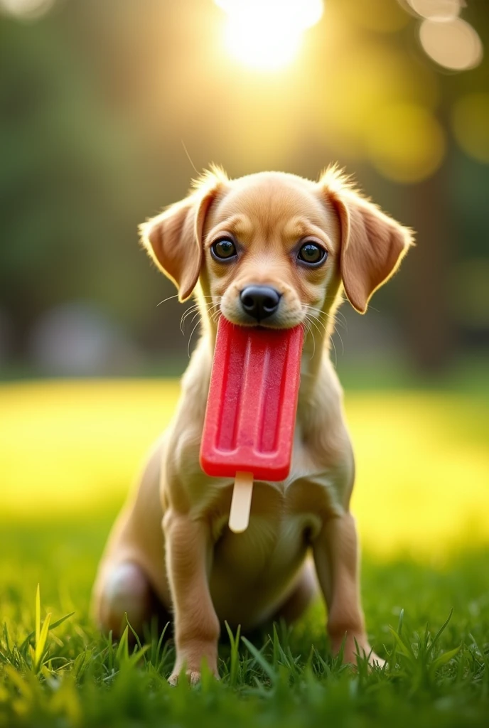 A small, smooth-haired, yellow Creole dog/coffee eating a popsicle