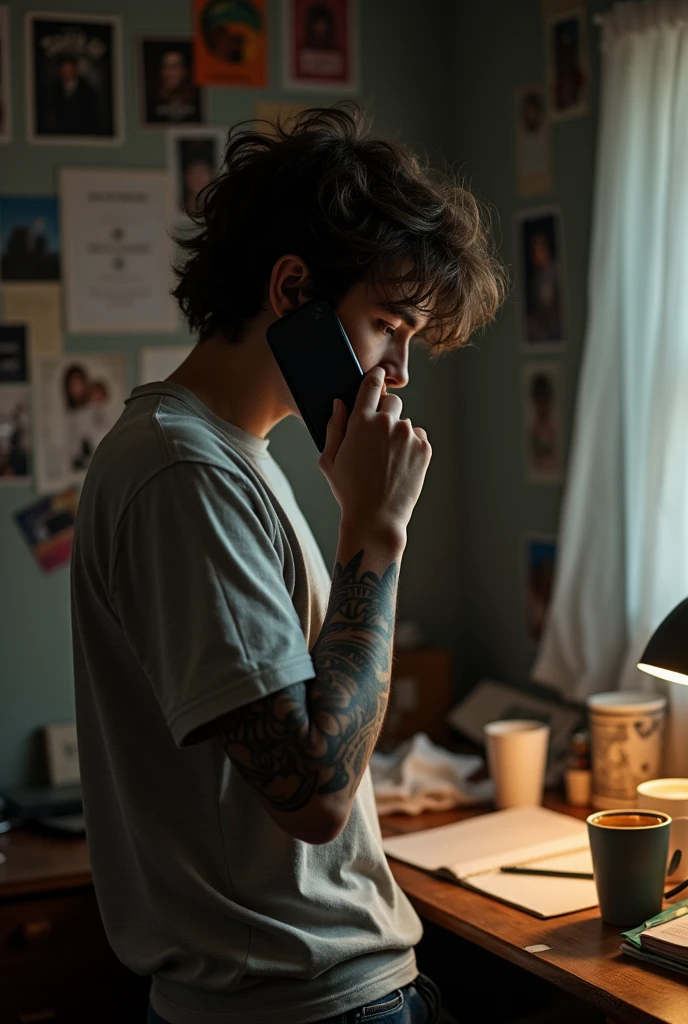 A 22 year old boy with very white skin, and dark brown wavy hair with tattoos on only his right arm dressed in a light gray t-shirt and black pants, is in his room, Calling on his phone but reflecting sadness and agony because no one answers his call