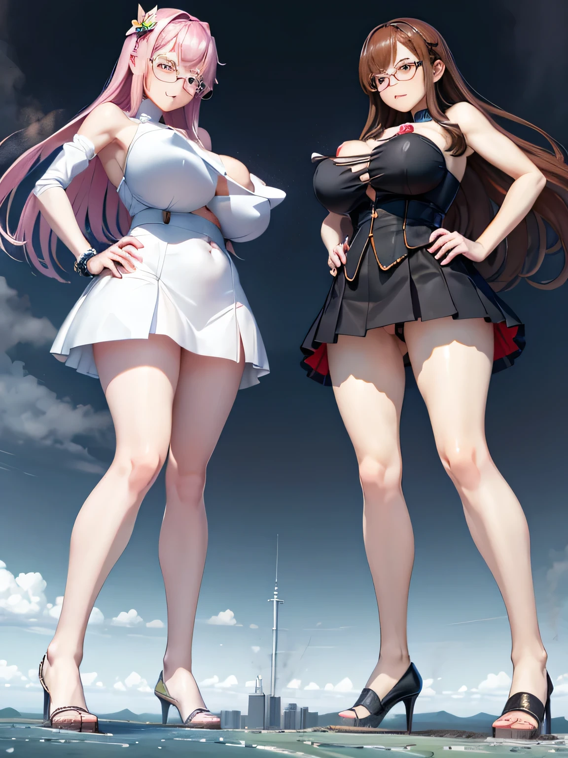multiple girls, 3girls, standing, giantess art, highly detailed giantess shots, giantess, most detailed, perfect face, Two legs, Five fingers, short hair, A beautiful girl who is bigger than a skyscraper, Wearing rimless glasses, smile, huge breasts, magical girl dress, bow, magical girl, holding a magical wand, black pantyhose, stiletto heels, thunderbolt from a magical wand, seaside metropolis, numerous miniature warships on the sea, Destroying cities, Under heavy attack, A very small big city, Miniature metropolis, Full body description, GTS, giga giantess, gigagts, stomping city, crash city, tiny city, micro city, pantyhose feet, High resolution, highest quality, masterpiece,