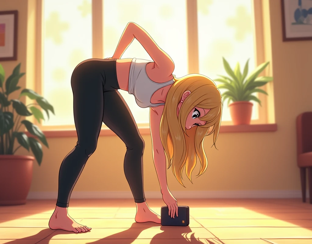 anime girl, blonde and wearing white tank top and black yoga pants, bending down to reach wallet on the floor, hips raised higher than hair, protruding buttocks