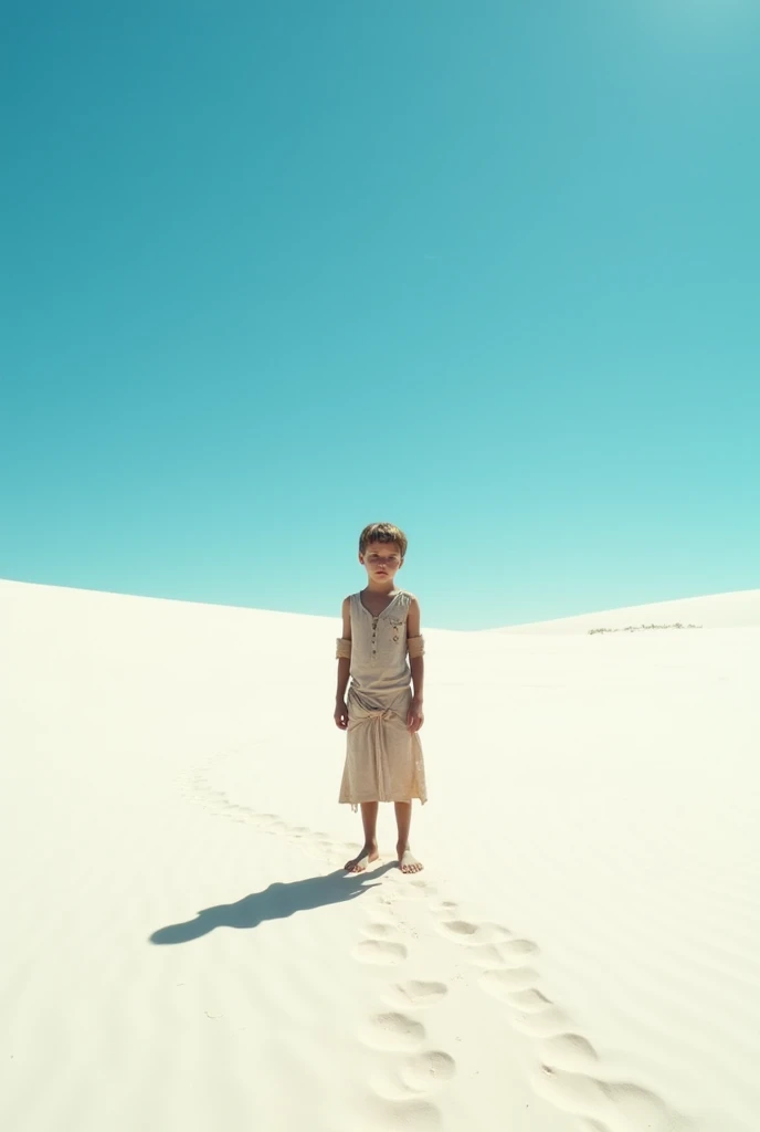 A lonely boy standing in a desert with white sand under the scorching sun but he has no shadow