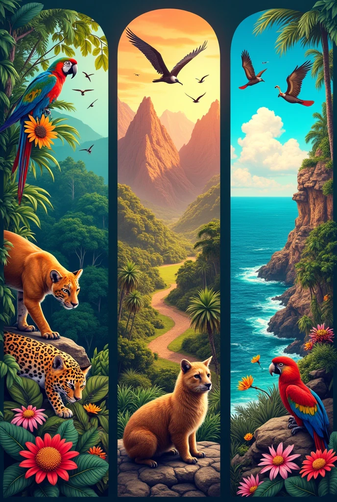 Create a triptych of Biodiversity in the animals of Peru