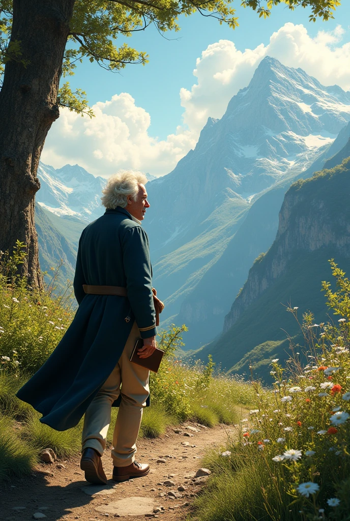 Jean Jacques Rousseau thoughtful while walking on the mountain and a rich breeze passes by where the