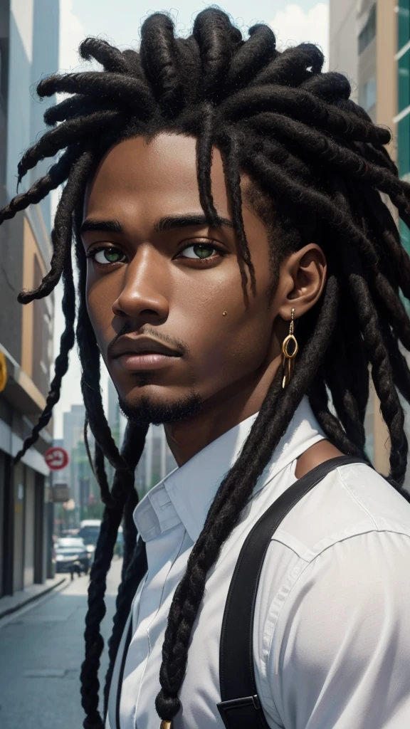 (Maximum quality, 16K, work of art: 1.3)), young black man, Portrait of a dark-skinned adult man(afroamerican:1.2 , 20 years old) with dark black dreadlocks and a white shirt, urban boy fanart, solo portrait 🎨🖌️, unknown artstyle, detailed portrait of the character, garota negra de アニメ mangá, urban city background , green eyes water, rosto macio de アニメ detalhado, アニメ, Estilo de アニメ masculino, retrato de meio corpo, Highly detailed texture of face and skin, detailedeyes