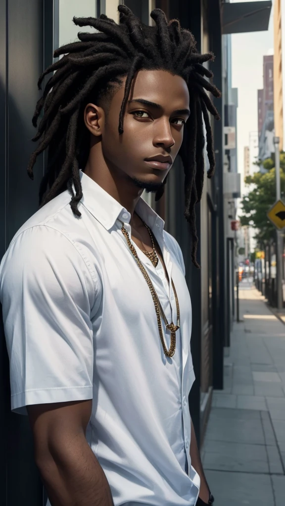 (Maximum quality, 16K, work of art: 1.3)), young black man, Portrait of a dark-skinned adult man(afroamerican:1.2 , 20 years old) with dark black dreadlocks and a white shirt, urban boy fanart, solo portrait 🎨🖌️, unknown artstyle, detailed portrait of the character, garota negra de アニメ mangá, urban city background , green eyes water, rosto macio de アニメ detalhado, アニメ, Estilo de アニメ masculino, retrato de meio corpo, Highly detailed texture of face and skin, detailedeyes