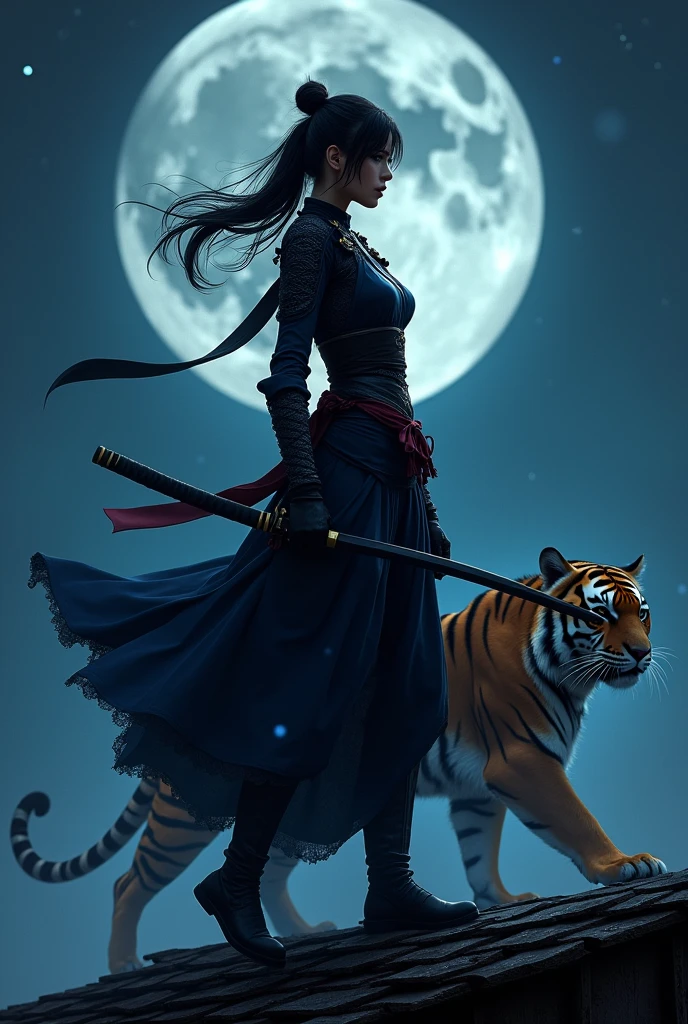 Kunoichi with aggressive ninja stance-to double black and dark blue ninja armor on rooftop against night sky and shadow of a tiger