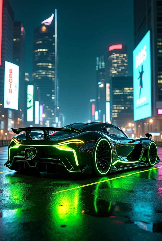A car with green and yellow lights, a futuristic theme and the title : BOSS B in the middle