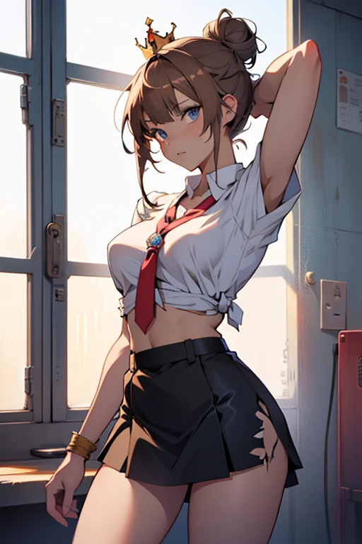 anime girl, princess with a crown on her head, in a prison, in a jail, (tied up: 1.2), expresso brown hair, bangs, bun, blue eyes, cute anime waifu , artwork in the style of guweiz, guweiz, seductive anime girl, female anime character, female protagonist, beautiful anime girl, anime girl, beautiful anime girl, cute anime waifu, artwork in the style of guweiz, seductive anime girl, female anime character, shirt,   big boobs, (slim body: 1.2), dirty torn short skirt, slim hips, thin thighs,