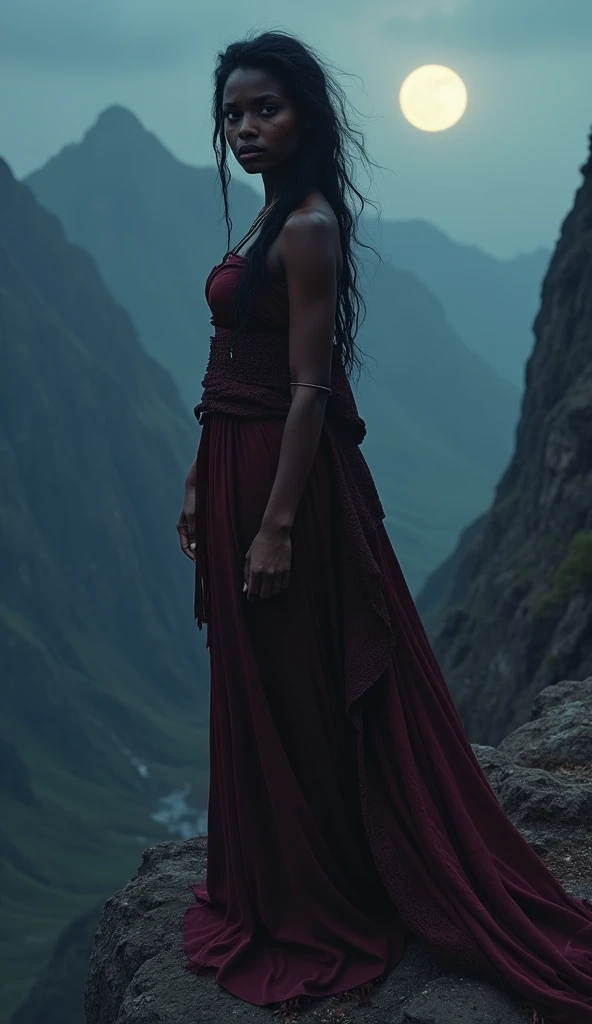 An Ethiopian vampire with rich, dark skin and amber eyes, blood seeping from her fangs. She is dressed in a flowing traditional gown, blending with the ancient surroundings of the Simien Mountains. The night is cold and still, with the jagged peaks and rugged landscape bathed in faint moonlight. She stands on a cliff edge, having just fed, the scent of blood lingering in the thin mountain air.