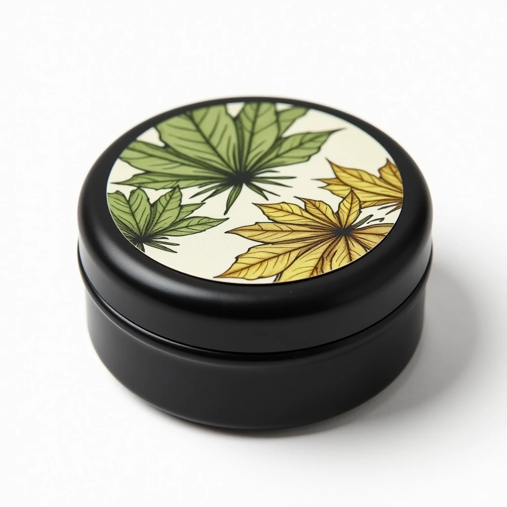 Vector art, round small modern, black tin of hookah tobacco, The label depicts tobacco leaves, White background