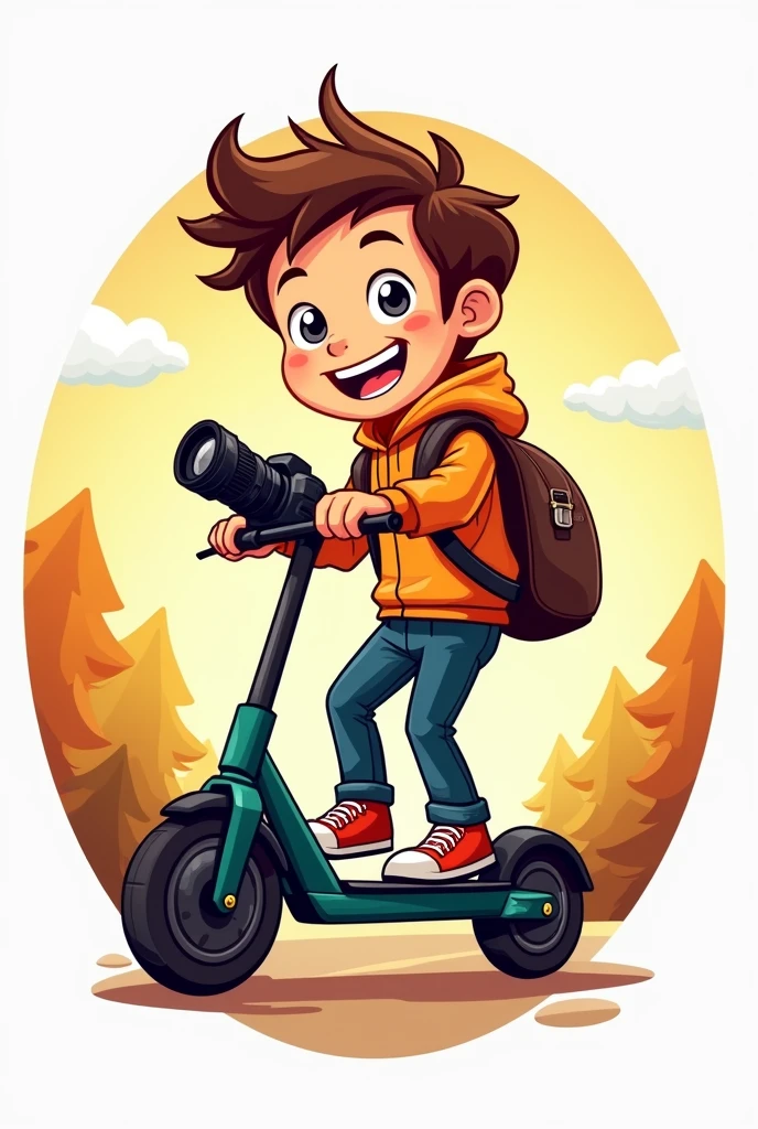 Create a round logo of a brown hair boy avatar with his electric scooter and his backpack and his camera 