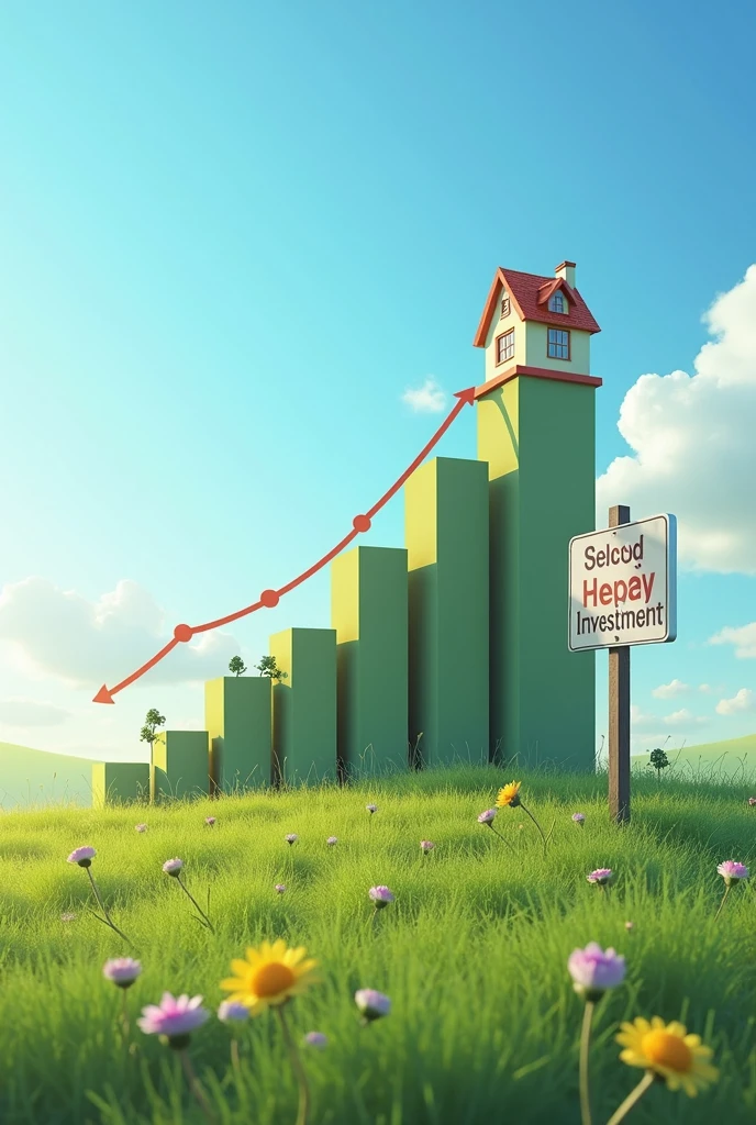 A financial growth graph with a house at the top, next to a background of land and a security sign, realistic image