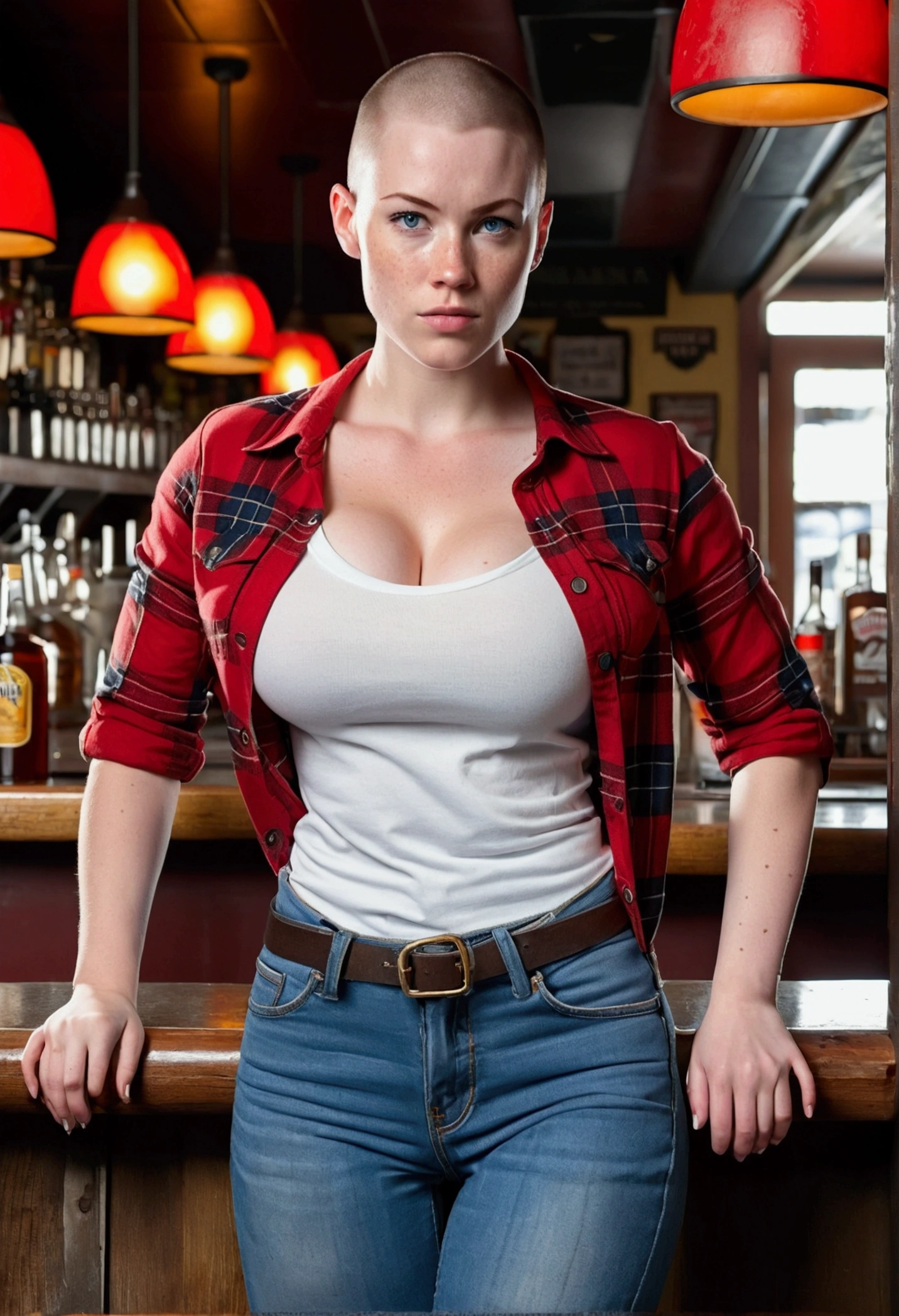 Full body shot of a muscular female college girl with large breasts and a large butt, a buzz cut, pale skin, freckles and blue eyes and no makeup wearing tight jeans, a white t shirt and a red unbuttoned flannel in a bar trying to look intimidating