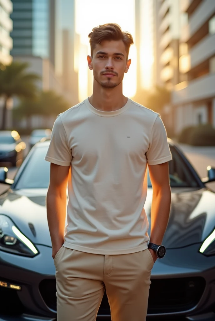 Un jeune homme de 18 ans sans barbe, confiant et au physique tonique, se tient fièrement devant une voiture de sport élégante et haut de gamme. Il est vêtu d'une tenue beige élégante, comprenant un tee shirt et un pantalon bien ajustés, qui complètent sa silhouette athlétique. Sa posture respire le charisme et le succès, avec un sourire subtil et une posture forte et assurée. La voiture derrière lui est un modèle luxueux, brillant sous la lumière, symbolisant ses réalisations et son brillant avenir