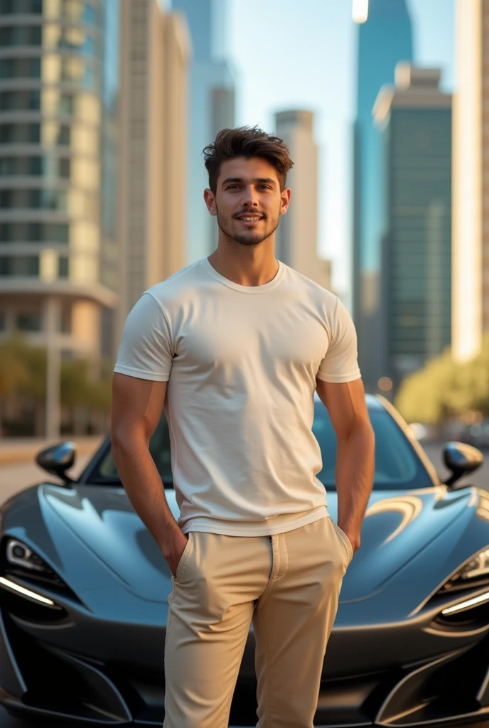 Un jeune homme de 18 ans sans barbe, confiant et au physique tonique, se tient fièrement devant une voiture de sport élégante et haut de gamme. Il est vêtu d'une tenue beige élégante, comprenant un tee shirt et un pantalon bien ajustés, qui complètent sa silhouette athlétique. Sa posture respire le charisme et le succès, avec un sourire subtil et une posture forte et assurée. La voiture derrière lui est un modèle luxueux, brillant sous la lumière, symbolisant ses réalisations et son brillant avenir