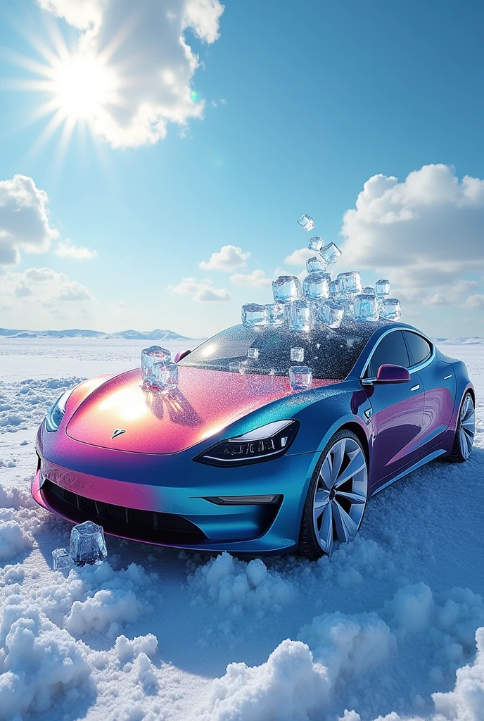 A Tesla car with ice cubes