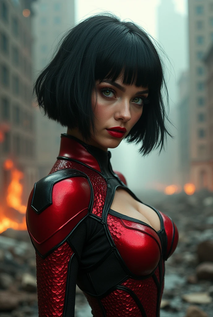 An alluring pose of a Beautiful and seductive evil supervillain woman with short black hair in a layered bob, green eyes, and red lips, a sadistic grin across her face. She is wearing a sleek skintight red and black power armor and radiating energy. Destroying, Evil wins, destroyed city, lots of bodies of costumed heroes litter the ground.