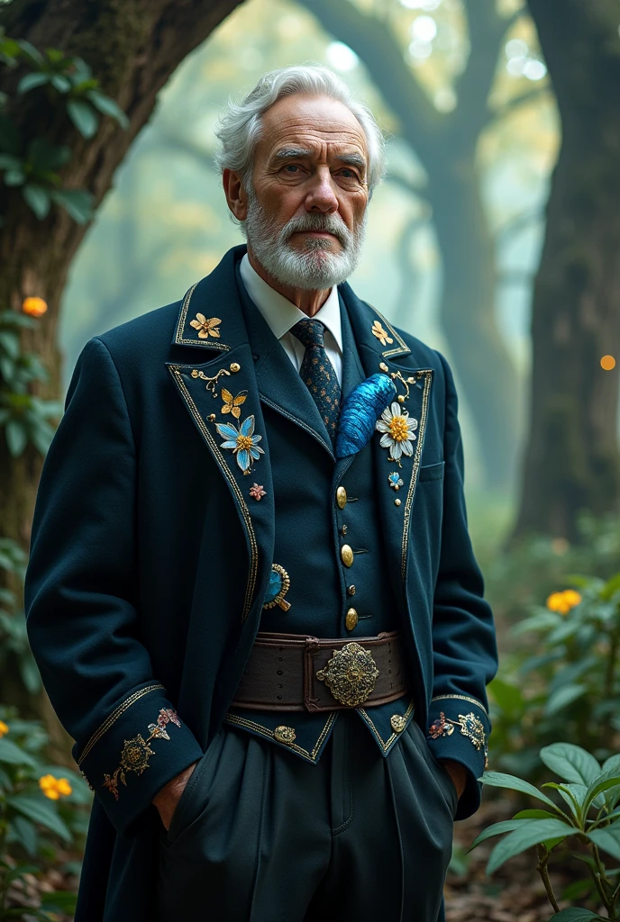 An older man who is handsome and looks well-groomed, without becoming old. That he has traits of being a grumpy German nobleman, that has certain references to a blue caterpillar or a Morpho butterfly, referencing Alice in Wonderland to the character of the &#39;blue caterpillar&#39; and that has auras of fantasy 