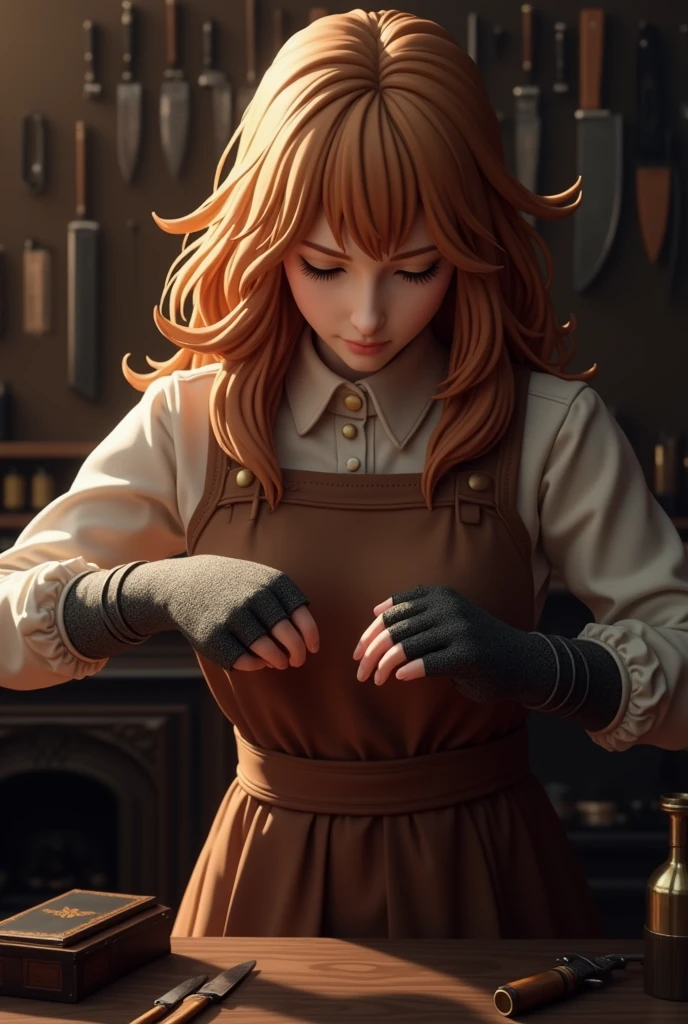 Highly detailed photographs of the Gunsmith model.:1.2, valid, Depth of field, undefined background, 1 inch girl with normal breasts, detailed medium hair, mitts pretas, chestnut hair, with eyes closed, a fireplace, besuntar, mitts, Fixing tools, knives, parted lips, I look at the viewer, overskirt, LnF, Master of Weapons, Workspace, work reality:1.3, Chedevr, The best quality at its best:1.1, (film photography:1.2)