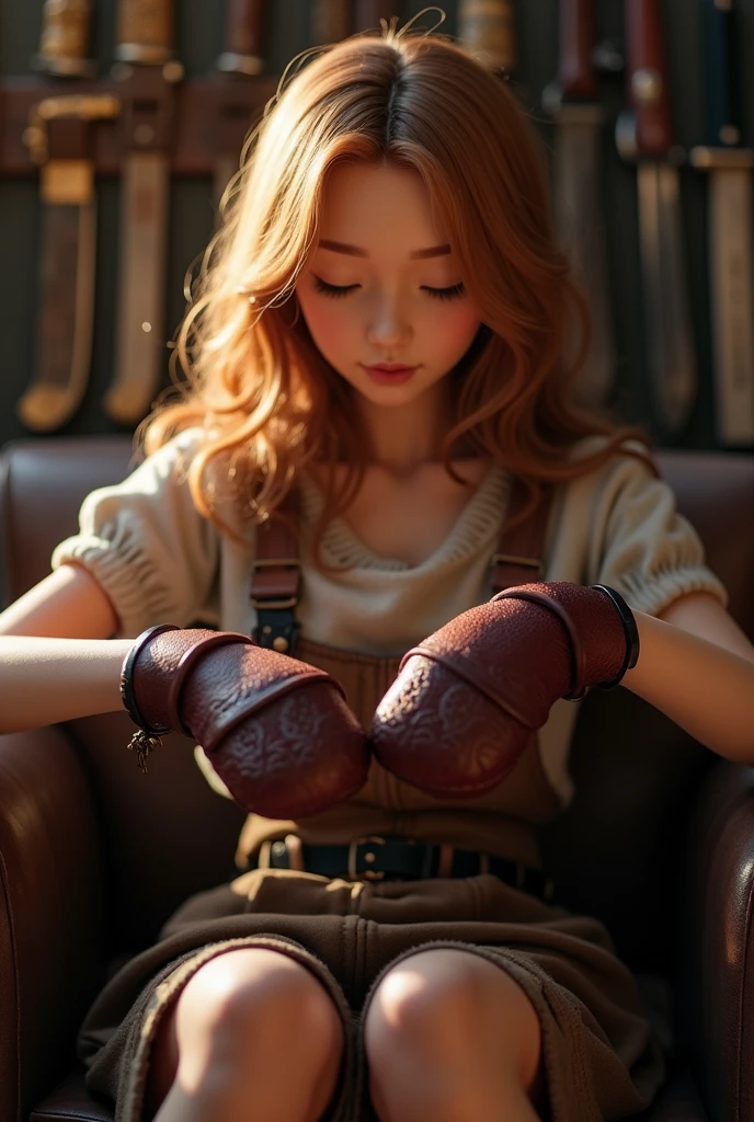 Highly detailed photographs of the Gunsmith model.:1.2, valid, Depth of field, undefined background, 1 inch girl with normal breasts, detailed medium hair, mitts pretas, chestnut hair, with eyes closed, a fireplace, besuntar, mitts, Fixing tools, knives, parted lips, I look at the viewer, overskirt, LnF, Master of Weapons, Workspace, work reality:1.3, Chedevr, The best quality at its best:1.1, (film photography:1.2)