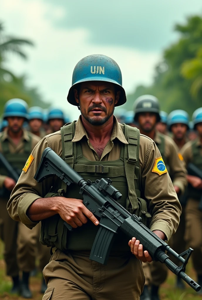 Illustrate a realistic light brown man all dirty with dust and all cut up from the Brazilian army commando battalion, with a large, strong and wide physique, He has short hair, with a tired but aggressive look, holding a heavy machine gun with a large cut on his face. He is fully equipped with a blue UN helmet and a long-sleeved Brazilian army uniform with the flag symbol on the shoulder.. He has a large, heavy vest. In the background leading an entire battalion of Brazilian soldiers