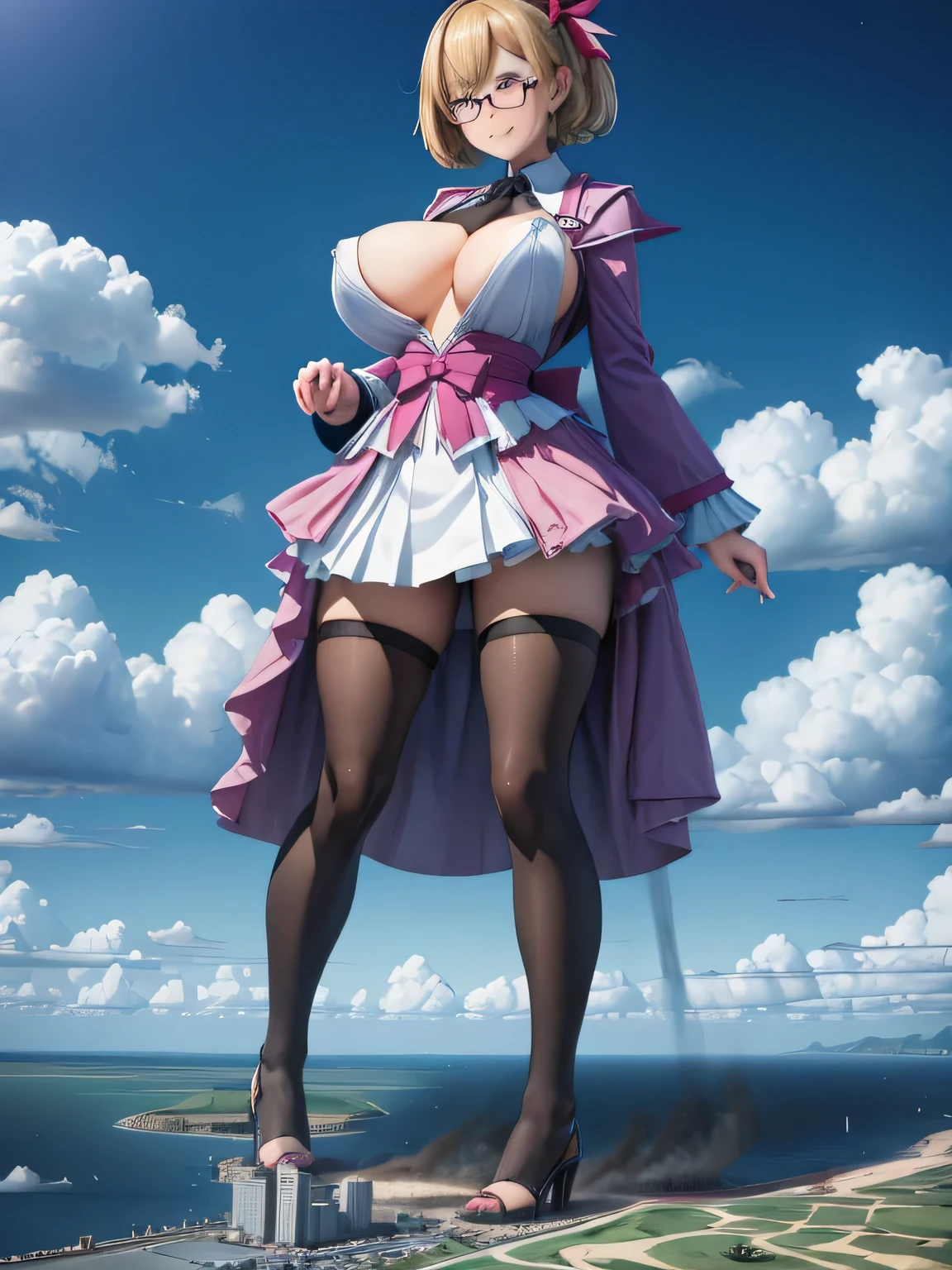 multiple girls, 3girls, standing, giantess art, highly detailed giantess shots, giantess, most detailed, perfect face, Two legs, Five fingers, short hair, A beautiful girl who is bigger than a skyscraper, Wearing rimless glasses, smile, huge breasts, magical girl dress, bow, magical girl, holding a magical wand, black pantyhose, stiletto heels, thunderbolt from a magical wand, seaside metropolis, numerous miniature warships on the sea, Destroying cities, Under heavy attack, A very small big city, Miniature metropolis, Full body description, GTS, giga giantess, gigagts, stomping city, crash city, tiny city, micro city, pantyhose feet, High resolution, highest quality, masterpiece,