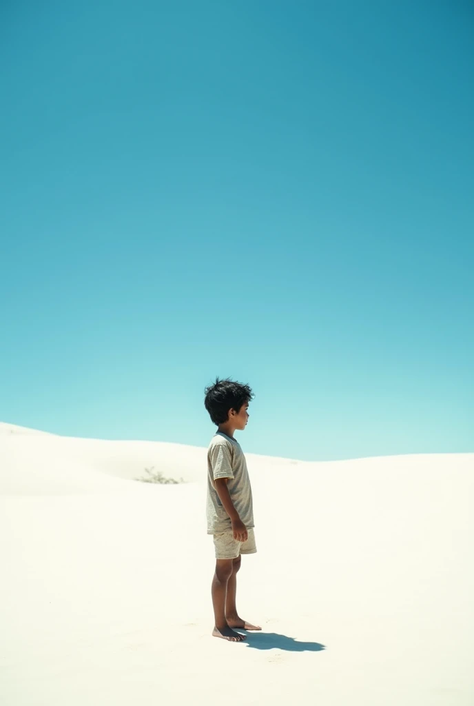 A lonely boy standing in a desert with white sand under the scorching sun but he has no shadow