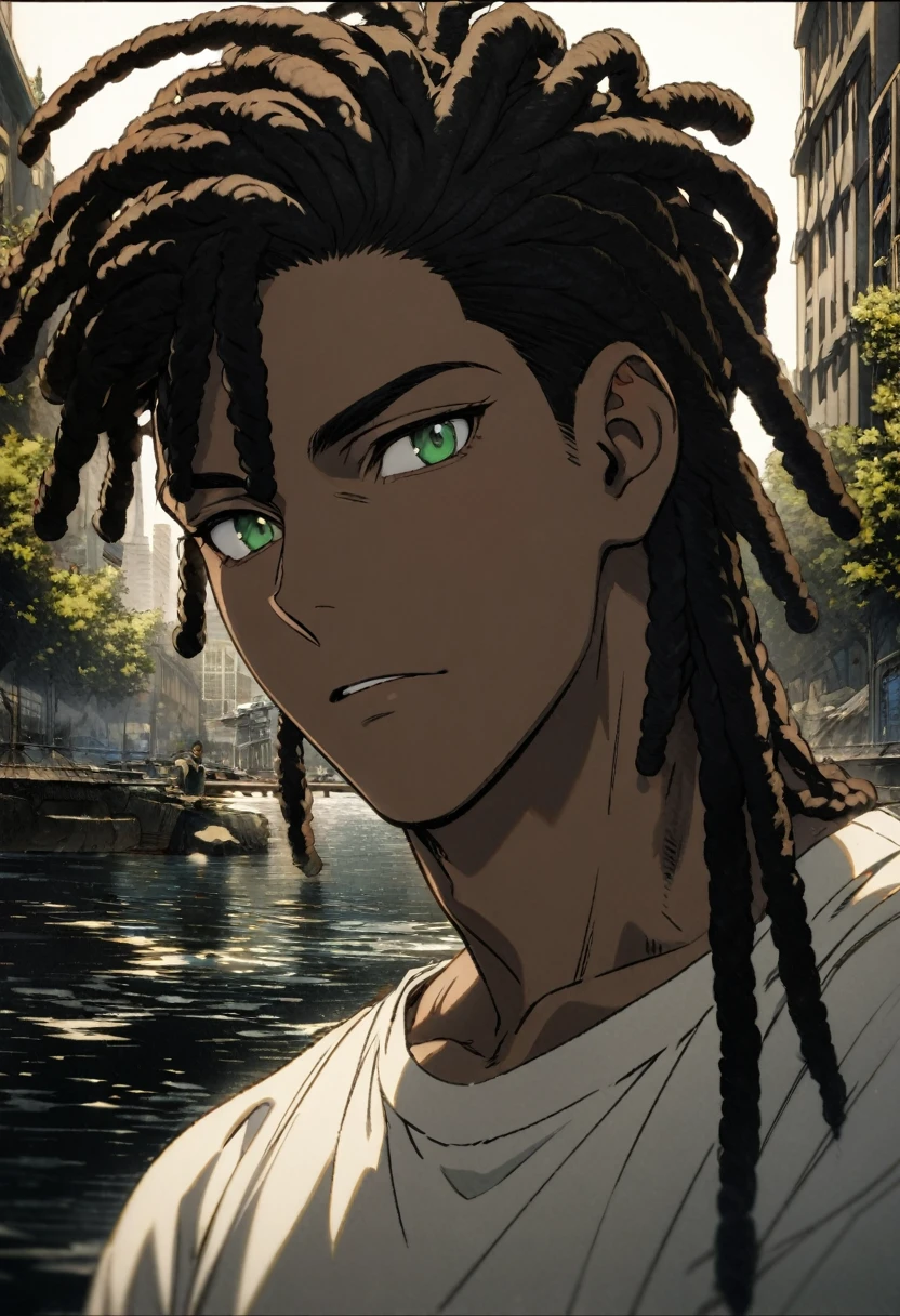(Maximum quality, 16K, work of art: 1.3)), young black man, Portrait of a dark-skinned adult man(afroamerican:1.2 , 20 years old) with dark black dreadlocks and a white shirt, urban boy fanart, solo portrait 🎨🖌️, unknown artstyle, detailed portrait of the character, garota negra de アニメ mangá, urban city background , green eyes water, rosto macio de アニメ detalhado, アニメ, Estilo de アニメ masculino, retrato de meio corpo, Highly detailed texture of face and skin, detailedeyes
