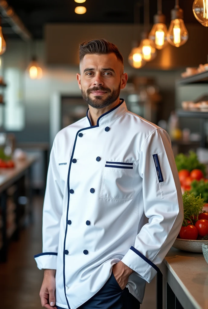 White chef's uniform with navy blue details