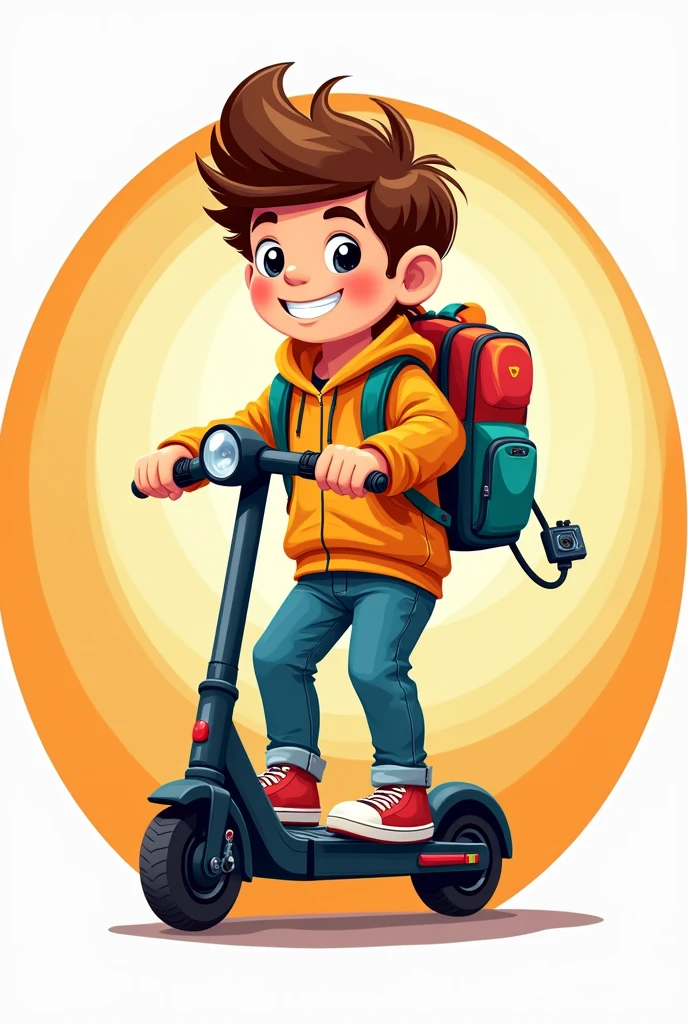 Create a round logo of a brown hair boy avatar with his electric scooter and his backpack and his camera 