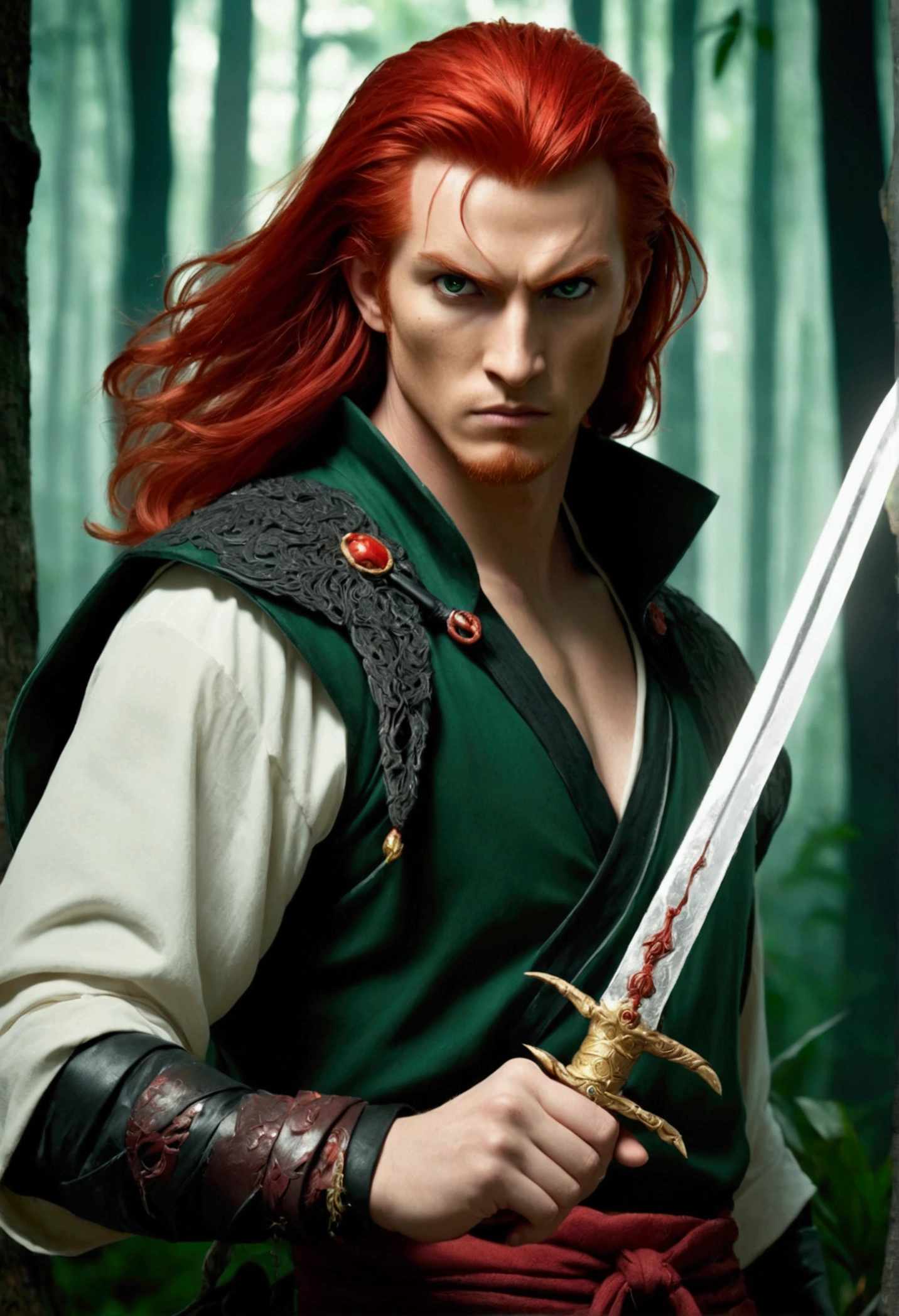 In the picture he is dressed in assassin style, There is a red-haired woman, He looks straight ahead and his face is visible.. His black eyes look slightly sad, but also filled with revenge and anger.. He has a jade-decorated dagger in his hand.  There is a dark forest in the background, the moonlight shines on them. 