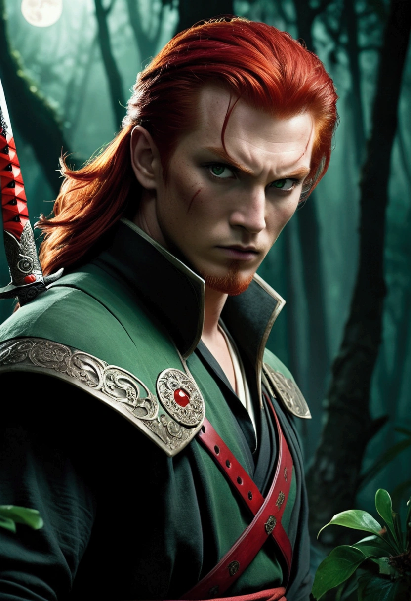 In the picture he is dressed in assassin style, There is a red-haired woman, He looks straight ahead and his face is visible.. His black eyes look slightly sad, but also filled with revenge and anger.. He has a jade-decorated dagger in his hand.  There is a dark forest in the background, the moonlight shines on them. 