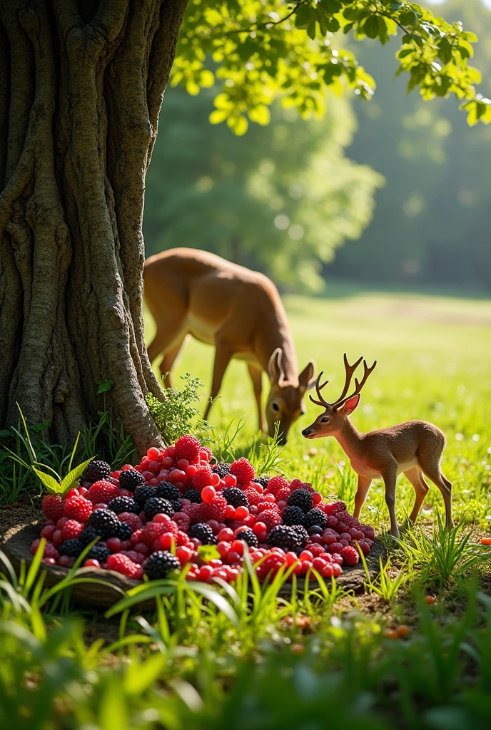 Food like beeries grasses trunk shoots fruits kept for deer to eat by humans