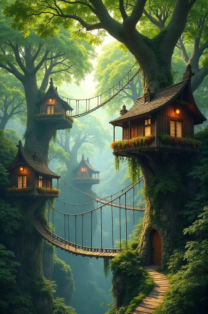 A gigantic forest with houses connected to each other by hanging bridges. All the houses are above the ground, attached to the tree.

