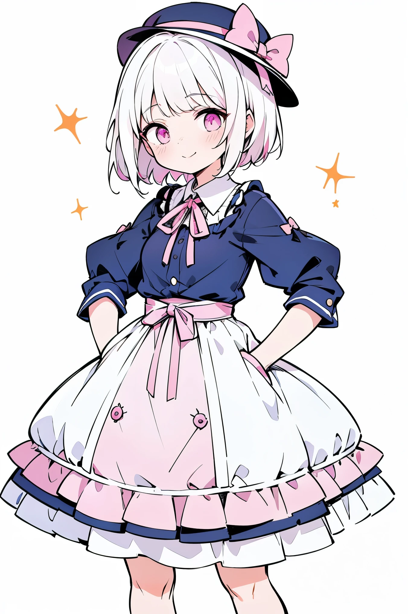 One person, alone,At night,Put your hands in your pockets,(Fedora hat,Knit dress) (((highlight pink white hair,short hair,Half Bangs,Purple ribbon on the head))),Big perfect green eyes, Character Design,((Pink Eyes)),cuteアニメの顔, cute , Stylized anime, Anime Moe Art Style, Detailed face,8k,High resolution,A slightly embarrassed smile,Bright blushing face,neat face, (masterpiece,Highest quality,),{{{Line art,Flat Color}}}