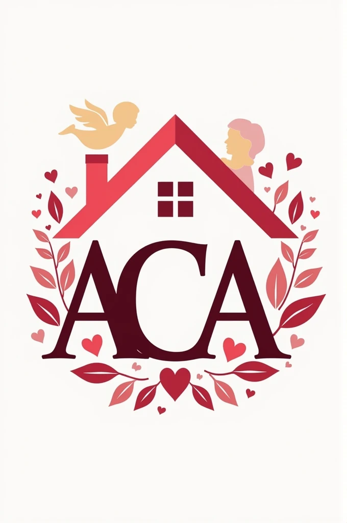 Logo with the initials “ACA”. Focused on home nursing care for the elderly. With a house, an angel and medical items. Highlighting pink and red color
