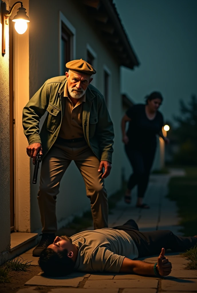 The image shows the facade of a modest house, with a partially open door. In front of the door, a 74-year-old man wearing a brown beret on his head, with an expression of despair and pain, holds a .37-caliber pistol in his hand. The man.
The image also shows a 29-year-old man lying on the ground, near the entrance, and to the left of the scene you can see the blurred figure of the young man's mother, who is trying to run towards him.