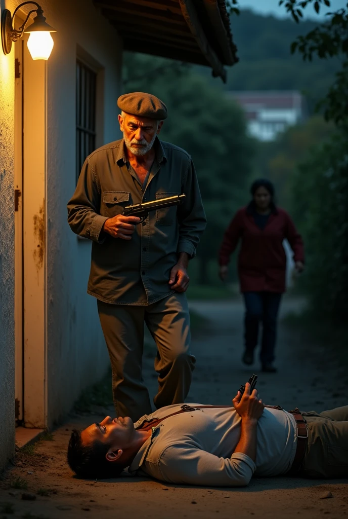 The image shows the facade of a modest house, with a partially open door. In front of the door, a 74-year-old man wearing a brown beret on his head, with an expression of despair and pain, holds a .37-caliber pistol in his hand. The man.
The image also shows a 29-year-old man lying on the ground, near the entrance, and to the left of the scene you can see the blurred figure of the young man's mother, who is trying to run towards him.