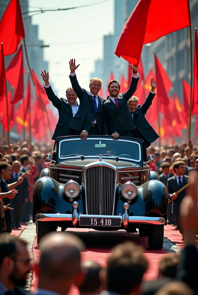 Street crowded with people with red flags and a car with 5 politicians on top, many people with blue flags around the car