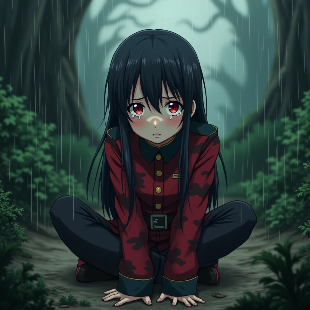 Girl, military general, commander hat, Long Hair, Red Iris, Red and Black Camouflage, crying, sitting in mud, rain, forest, anime