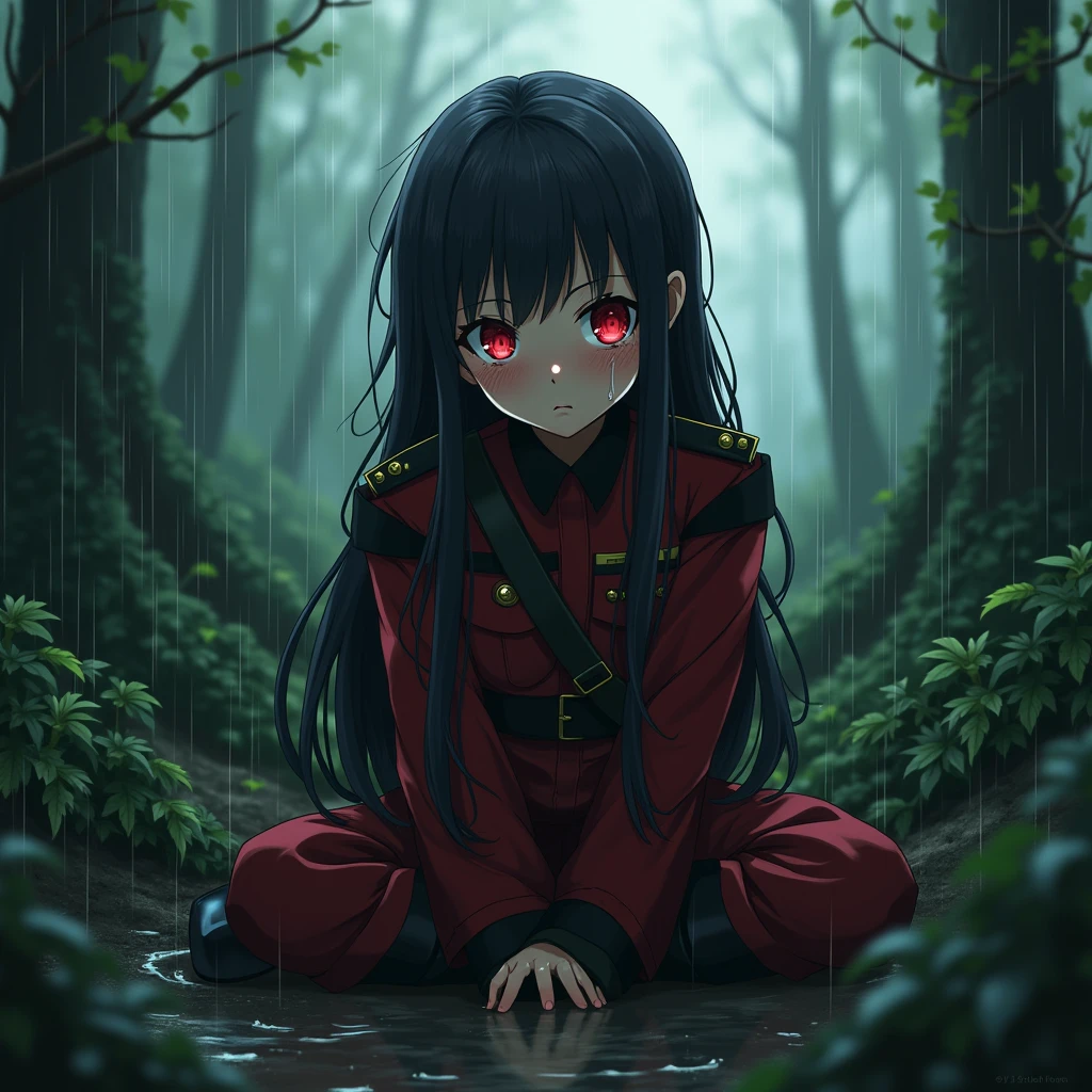 Girl, military general, commander hat, Long Hair, Red Iris, Red and Black Camouflage, crying, sitting in mud, rain, forest, anime