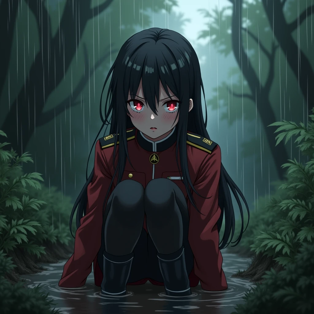 Girl, military general, commander hat, Long Hair, Red Iris, Red and Black Camouflage, crying, sitting in mud, rain, forest, anime