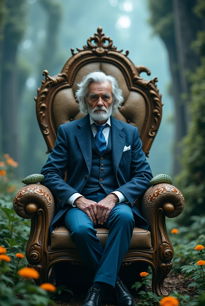 An older man who is handsome and looks well-groomed, without becoming old. That he has traits of being a grumpy German nobleman, that has certain references to a blue caterpillar or a Morpho butterfly, referencing Alice in Wonderland to the character of the 'blue caterpillar' and that has auras of fantasy