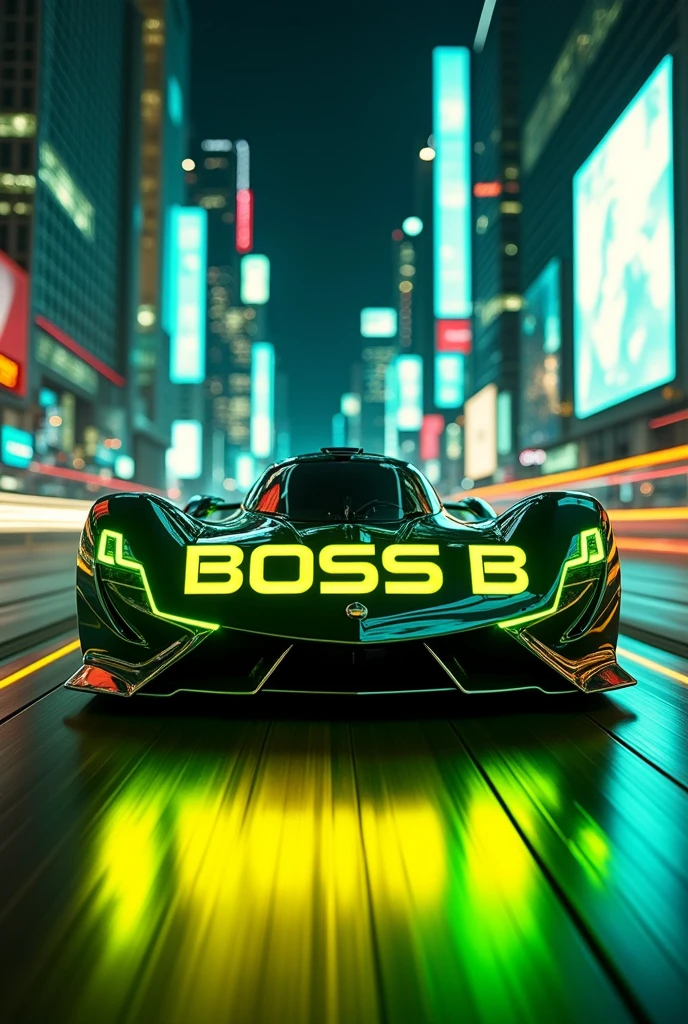 A car with green and yellow lights, a futuristic theme and the title : BOSS B in the middle