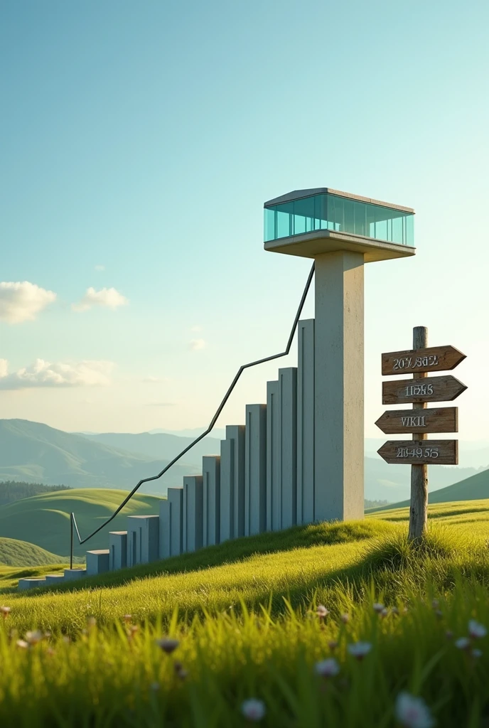 A financial growth graph with a modern style building on top, next to a background of land and a sign on the side , realistic image