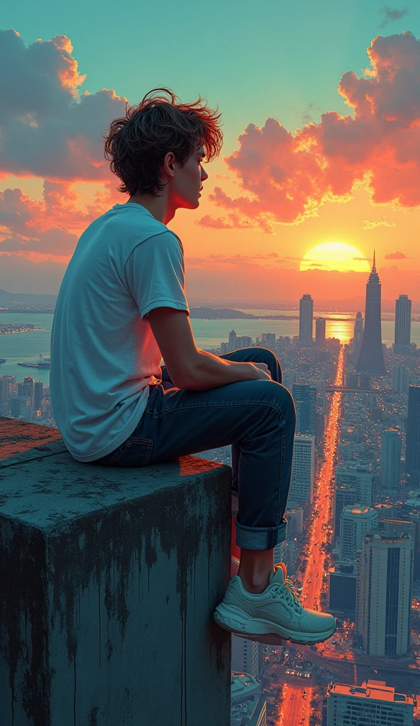 the white young guy is sitting on the ledge looking at the cityscape from his back view, in the style of jeff lemire, afrofuturism, frank quitely, light orange and indigo, saurabh jethani, aerial view, ashcan school --ar 8:5 --v 5.2, Hawaii, gta vice style , illustration , reteo comic illustration