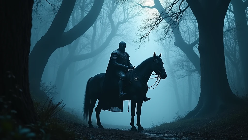 A cinematic, low angle full body shot of Venger from Dungeons & Dragons, realistically depicted as a live-action movie character, riding his imposing black horse through a shadowy, ancient forest, with dense fog and eerie light filtering through twisted branches, the scene bathed in cold, moonlit hues, shot with a Sony A7R IV, 28mm lens, deep contrast with a dark and moody color palette