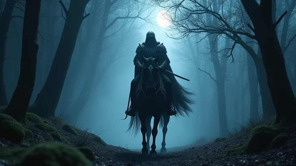 A cinematic, low angle full body shot of Venger from Dungeons & Dragons, realistically depicted as a live-action movie character, riding his imposing black horse through a shadowy, ancient forest, with dense fog and eerie light filtering through twisted branches, the scene bathed in cold, moonlit hues, shot with a Sony A7R IV, 28mm lens, deep contrast with a dark and moody color palette 